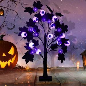 Halloween Dekor Innen Schwarz Ahornblatt Baum Lichter mit 24 LEDs,Halloween Deko Gruselig Lichterbaum mit LED Spinnenlicht,Birkenbaum mit Timer für Halloween Decoration Tischlicht