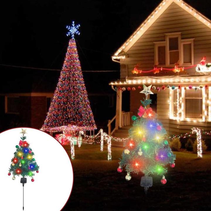 Kunstkerstboom met lichtketting, voor buiten, op zonne-energie, 85 cm, led-kerstboom met 14 kerstballen, kerstdecoratie, outdoor, decoratie op zonne-energie, voor buiten, tuin, kle