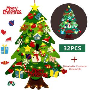 Doe-het-zelf kerstboom, vilten kerstboomset voor kinderen, met 32 afneembare ornamenten, kerstdecoratie, boom voor thuis, deur, muur