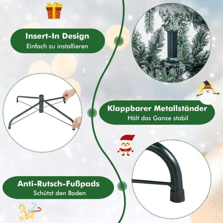 Kunstkerstboom met verlichting, 180 cm, 260 warmwitte leds, dennenboom met sneeuw en metalen standaard, sneeuwbedekt, wit