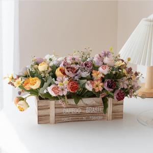 Simulierte Blumenzaundekoration, Rosenblumenarrangement-Wohnzimmertischdekoration, Mit Zaun 33 * 14 * 15 cm(Yellow)