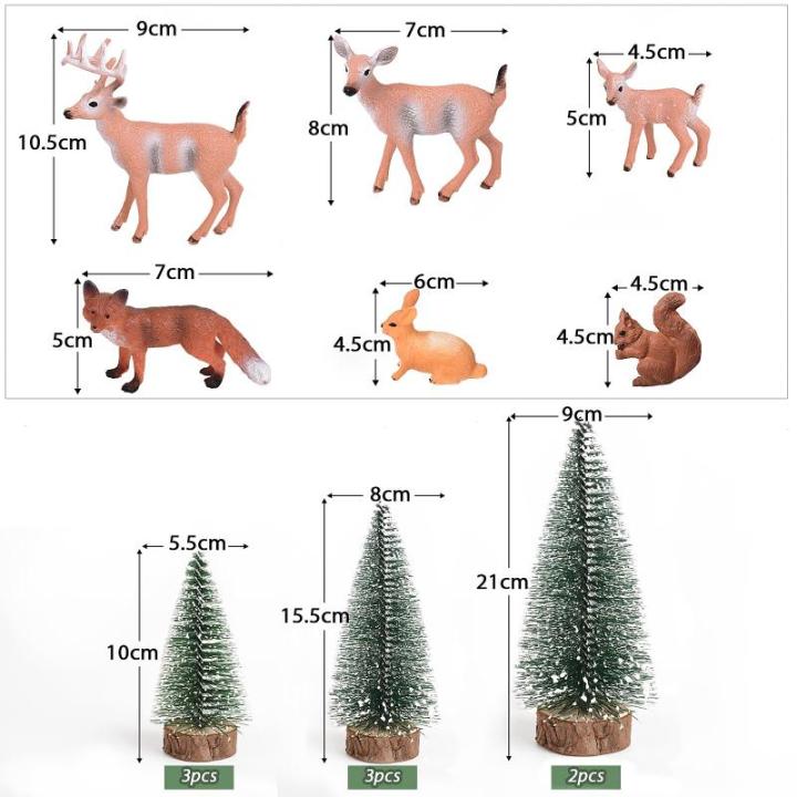 14 stuks mini-figuren, kerstboom, kunstornament, miniatuur, dennenboom, hert, haas, vos, eekhoorn, rendier, kleine kerstfiguren, kerstversiering om te knutselen, Xmas