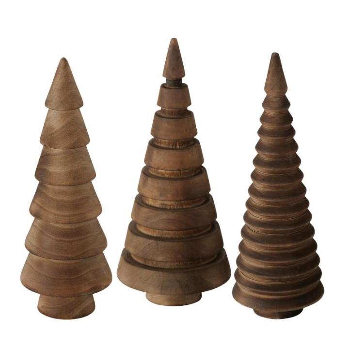 Houten decoratieve dennenbomen set van 3 15 cm om neer te zetten - bruin - kerstboomfiguur van grenen voor winterdecoratie - kerstboomdecoratie standaard tafeldecoratie raamdecorat