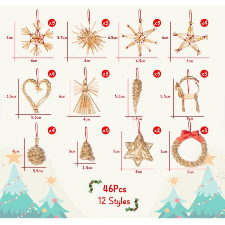 46 x natuurlijke strosterren kerstset, kerstboomversiering, stro met natuurlijke accenten, handgemaakte kerstboom van stro met mooie doos, natuurlijke kerststrohanger voor kerstboo
