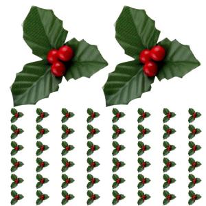 50pcs rote Weihnachtsverzierung Set Mini Faux Holly & Beeren Dekorationen DIY Weihnachtsblumen Dekor mit Drahthalterung für schwimmende Kerzen Vase Holiday Dekor, Weihnachtsschmuc