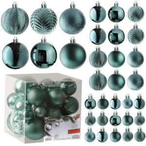 pauwgroene kerstbalornamenten voor kerstversiering - 36 stuks kerstboom onbreekbare ornamenten met ophanglus voor vakantie- en feestdecoratie (combo van 6 stijlen in 3 maten)