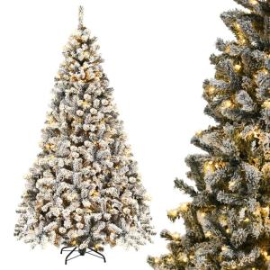 Kunstkerstboom met sneeuw en warmwitte ledverlichting, dennenboom met metalen standaard, pvc-naalden, kunstboom, klapsysteem, 225 cm, 180/225 cm