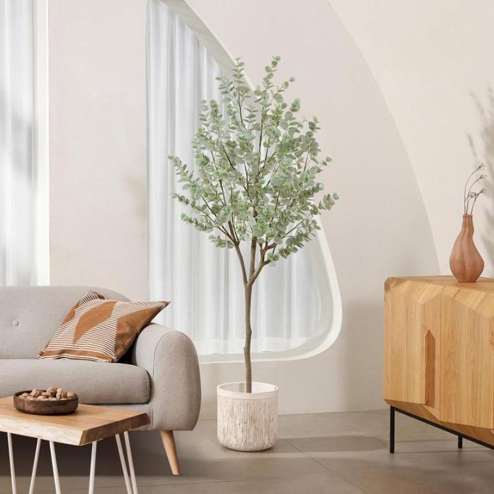 Kunstmatige eucalyptusboom, 180 cm, nep-eucalyptusboom met witte zilveren dollarbladeren, zijden faux eucalyptusboom met plastic kwekerijpot, voor thuiskantoor en binnendecoratie,