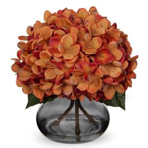 Kunsthortensia bloemen in vaas, echte touch nep hortensia bloem in glazen vaas met faux water zijde oranje faux bloemstuk voor thuis badkamer bruiloft decoratie