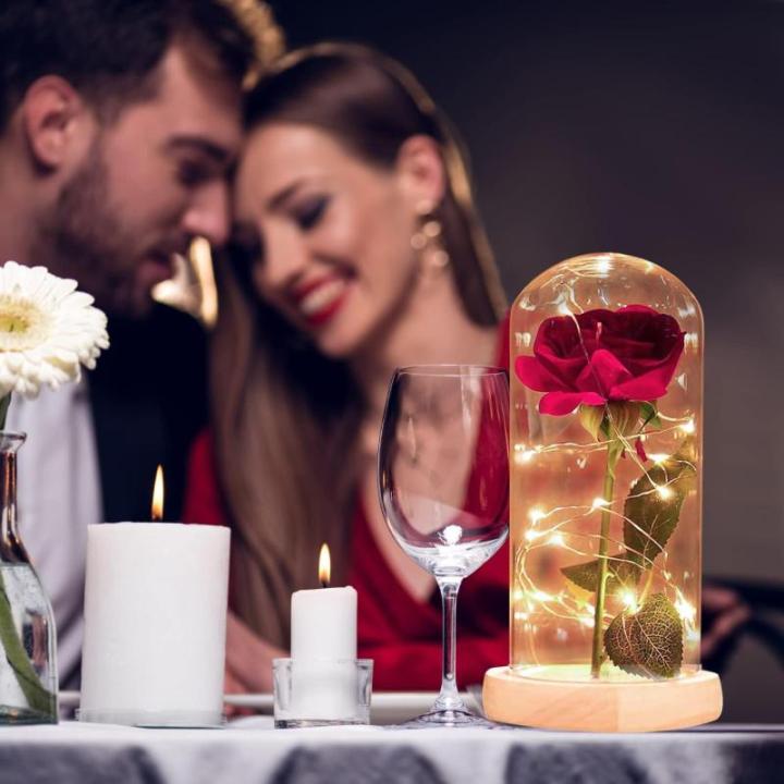 Mooie en het Beest roos, voor altijd roos, eeuwige roos in glazen koepel, magische roos met ledstrips, rozencadeau voor jubileum, Valentijnsdag, Moederdag en verjaardag.