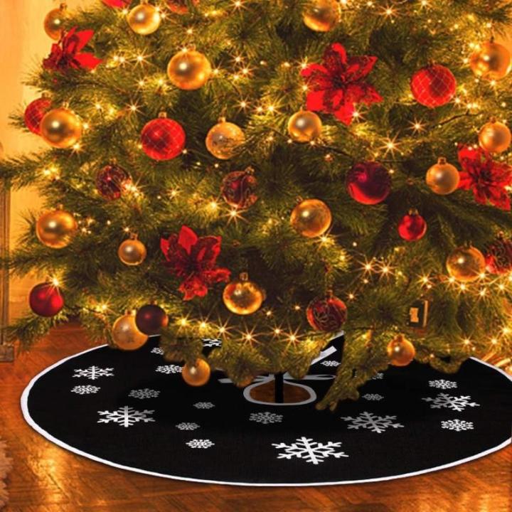 Zwarte kerstboomrok, witte sneeuwvlok, bedrukt, jute kerstboomtapijt, ornamenten, decoratie voor Kerstmis (76 cm)