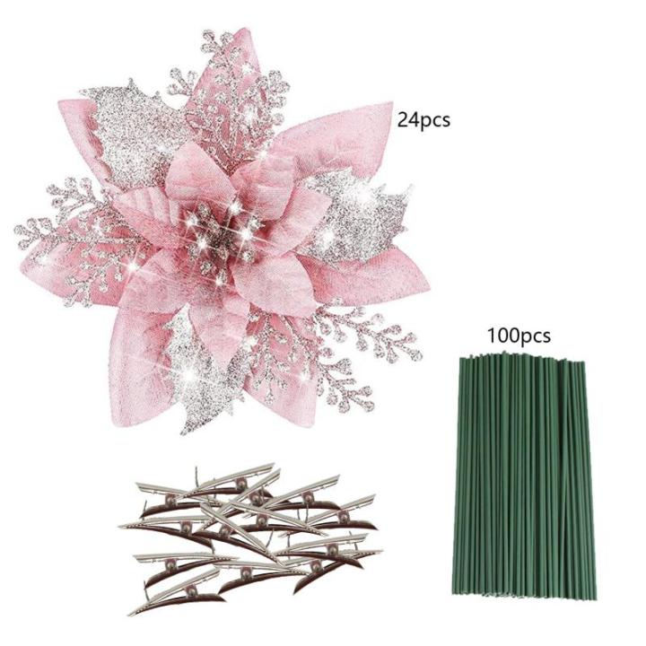 Künstliche Weihnachtsblumen, 24 Stück, Weihnachtsbaum-Blumen mit Clips, Weihnachtsbaumschmuck, künstliche Blumenornamente für Winter, Hochzeit, Party, Kranz, Dekoration (Rosa)