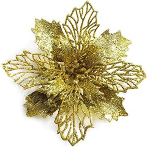 24 Stück Weihnachtsblumen für Weihnachtsbaumdeko, Weihnachten Funkeln Weihnachtsstern Blumen mit Clips für Hochzeit Weihnachtsbaum Neujahr Ornamente (Gold,11 cm)