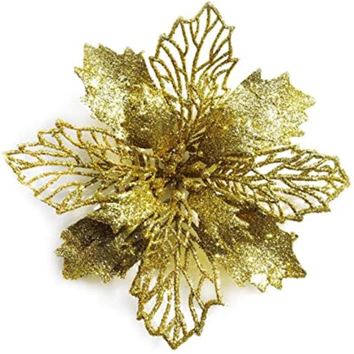 24 Stück Weihnachtsblumen für Weihnachtsbaumdeko, Weihnachten Funkeln Weihnachtsstern Blumen mit Clips für Hochzeit Weihnachtsbaum Neujahr Ornamente (Gold,11 cm)