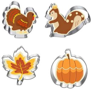 Uitsteekvormen kerstset, 4 stuks roestvrij stalen uitsteekvormen bakken Kerstmis, koekjessnijder, fondant koekjessnijders voor pompoen, kalkoen, esdoornblad, eekhoorn