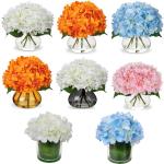 Kunsthortensia bloemen in vaas met 4 hoofden, echte aanraking, nephortensia, bloem in glazen vaas met faux water, zijde, wit, kunstbloemstuk voor thuis, badkamer, bruiloftsdecorati