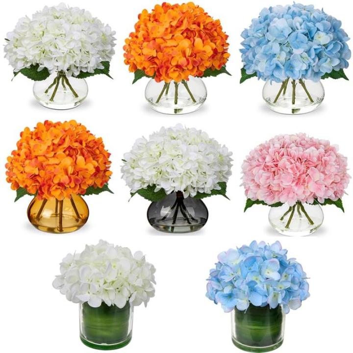 Kunsthortensia bloemen in vaas met 4 hoofden, echte aanraking, nephortensia, bloem in glazen vaas met faux water, zijde, wit, kunstbloemstuk voor thuis, badkamer, bruiloftsdecorati