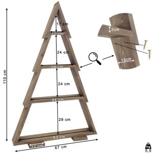 Weihnachtsbaum aus Holz Weihnachtsdekoration XXL 110x67cm, stehend Baum mit 4 Regalen für Ornamente. Handgefertigte Dekoration außen und innen. Weihnachtsbaumfigur. Dunkelbraun -