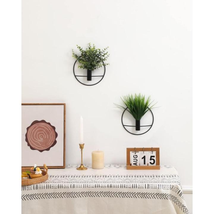 Wandgemonteerde bloemenringen, metalen vaas decoratieve houder kunstbloemen, zwarte wanddecoratie voor familiebijeenkomsten, geschenken en feest, valse tarwe 2 pack, kunst aan de m