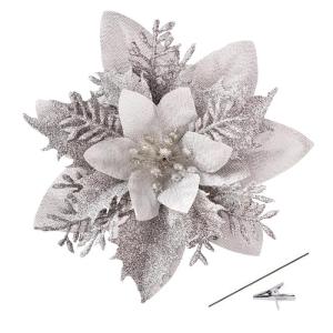 Kunstbloemen, Poinsettia, glitter, kerstbloemen met clips, kerstbloemen, ornamenten voor doe-het-zelf kransen, slinger, huis, feest, vakantie, decoratie, 15 stuks, 14 cm, zilver