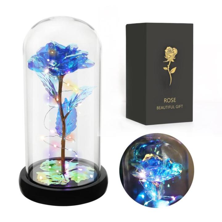 Rozencadeaus voor vrouwen, moeders, vrouwen, kleurrijke kunstroos, cadeau voor vrouwen, altijd in glazen koepel voor verjaardag, Kerstmis, Moederdag, decoraties (blauw)