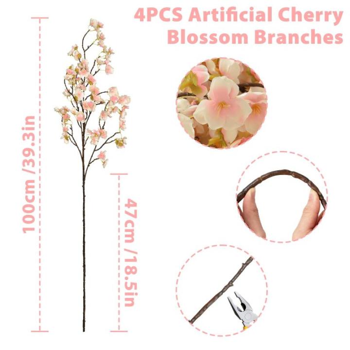 4 stuks kunstkersenbloesem, takken, roze perzikbloemen, 100 cm, kunstbloemen, bulk, lente, zijden bloemen, planten, bundel, lange stelen voor bruiloft, feest, tafel, vaas, decorati