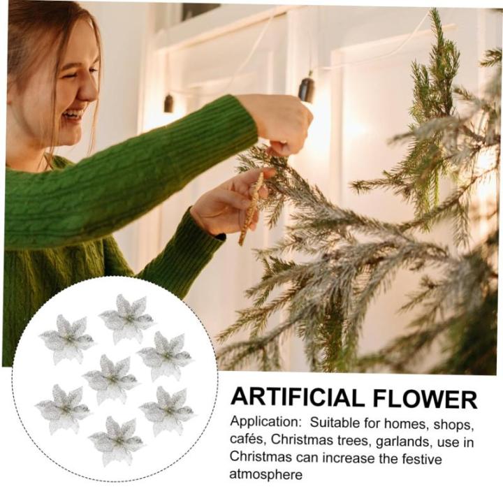 12St Doppelschicht kleine Weihnachtsblume DIY weihnachtshandwerk Christbaumschmuck Ornamente weihnachtsdeko künstliche blüten Weihnachtsbaum Party-Requisiten Plastik Silver
