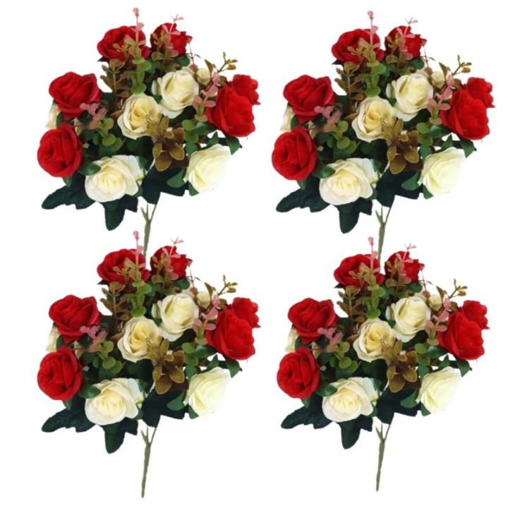 4 bundels begraafplaatsbloemen voor graf, rode begraafhofbloemen voor graf, valse rozen kunstbloemen voor graven, 12 bloemkoppen, zijden gedenkbloemen voor grafvaas, kunstbloemen 1