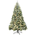 Kunstkerstboom met sneeuw en warmwitte ledverlichting, dennenboom met metalen standaard, pvc-naalden, kunstboom, kerstgroen, 225 cm, 135/180/225 cm