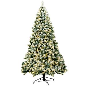 Kunstkerstboom met sneeuw en warmwitte ledverlichting, dennenboom met metalen standaard, pvc-naalden, kunstboom, kerstgroen, 225 cm, 135/180/225 cm