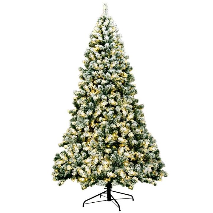 Kunstkerstboom met sneeuw en warmwitte ledverlichting, dennenboom met metalen standaard, pvc-naalden, kunstboom, kerstgroen, 225 cm, 135/180/225 cm