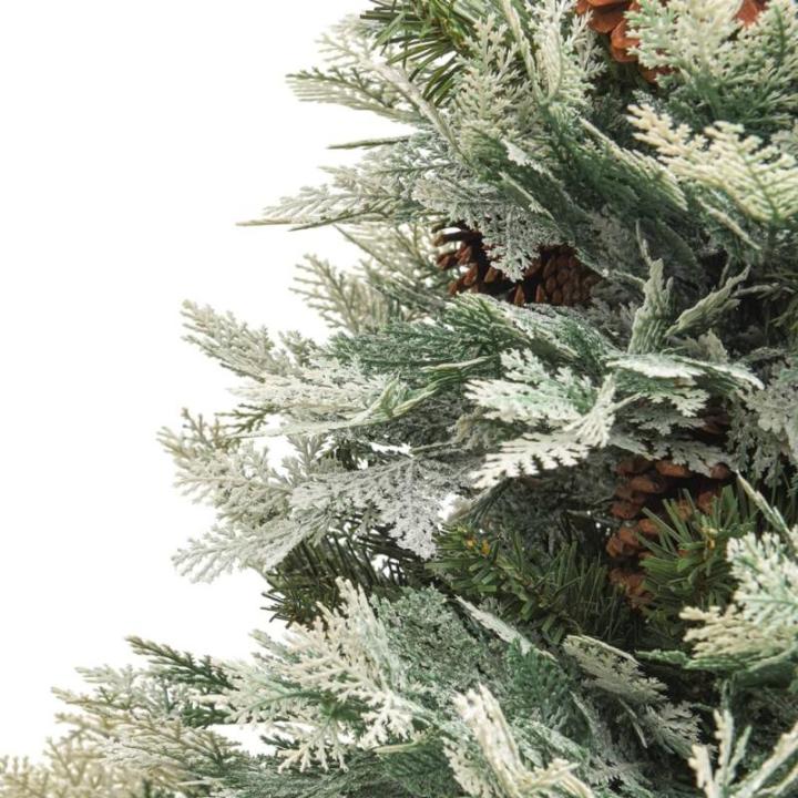 Künstlicher Weihnachtsbaum mit LED Beleuchtung Weihnachtsbaum mit Schnee mit Tannenzapfen Grün und Weiß PVC 150 x 90 cm