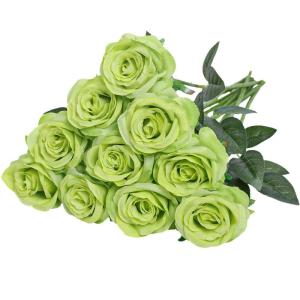 Kunstmatige Zijde Roos Bloem Enkele Stam Levensechte Nep Roos voor Bruiloft Boeket Bloemenarrangementen Huis Feest Bloemstuk Decoratie, 10 stuks (Groen)