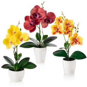 in pot (35 cm), set van 3 kunstorchideeën, kunstmatig afgestemde arrangement in hoogglans-keramische potten, decoratieve , kunstorchideeën (rood, oranje, geel)