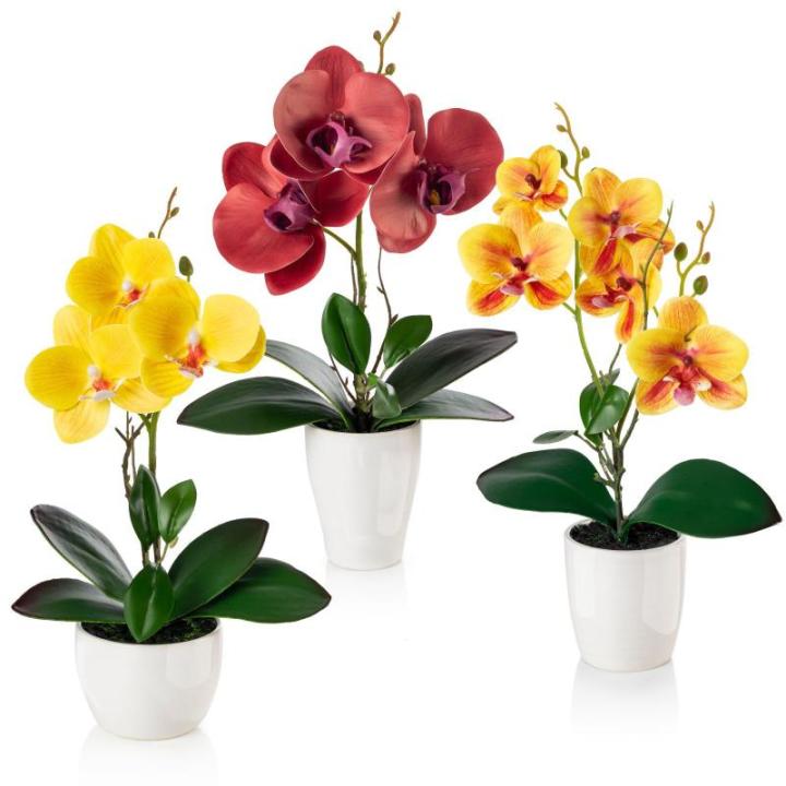 in pot (35 cm), set van 3 kunstorchideeën, kunstmatig afgestemde arrangement in hoogglans-keramische potten, decoratieve , kunstorchideeën (rood, oranje, geel)
