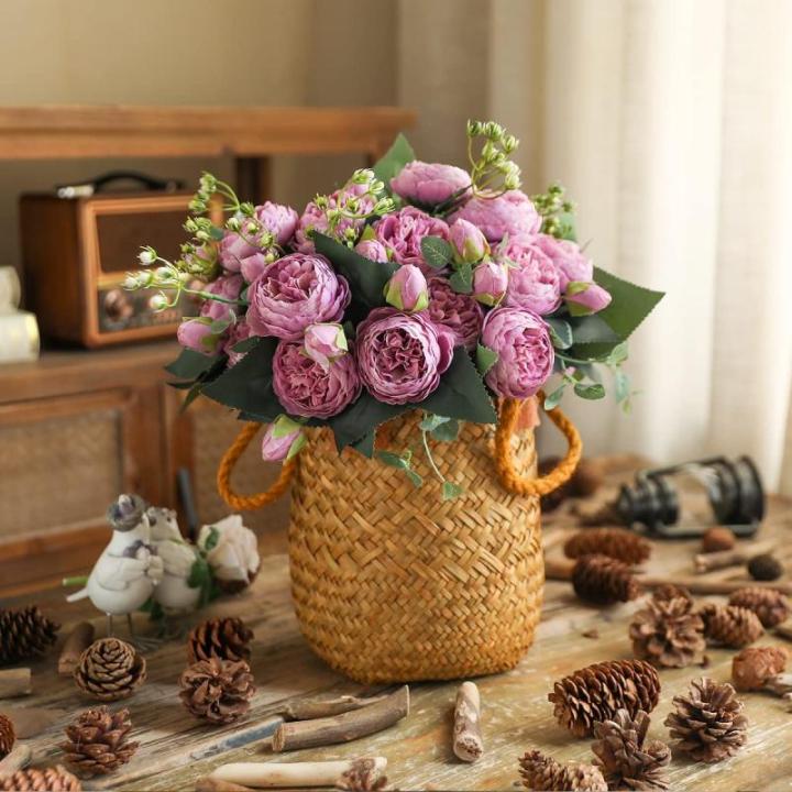 4 bossen kunstmatige bloemen pioen zijde pioenrozen boeketten nep bloemen boeketten bruiloft decoratie thuis tafel keuken kantoor tuin bruids groen (Cameo bruine knop)