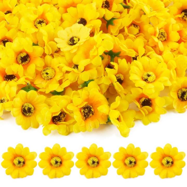100 stuks kunstzonnebloemen, klein, 4,5 cm, zonnebloemkoppen, madeliefjes, , decoratieve bloemkoppen om te knutselen, stoffen bloemen, geel, voor bruiloft, feesten en feesten