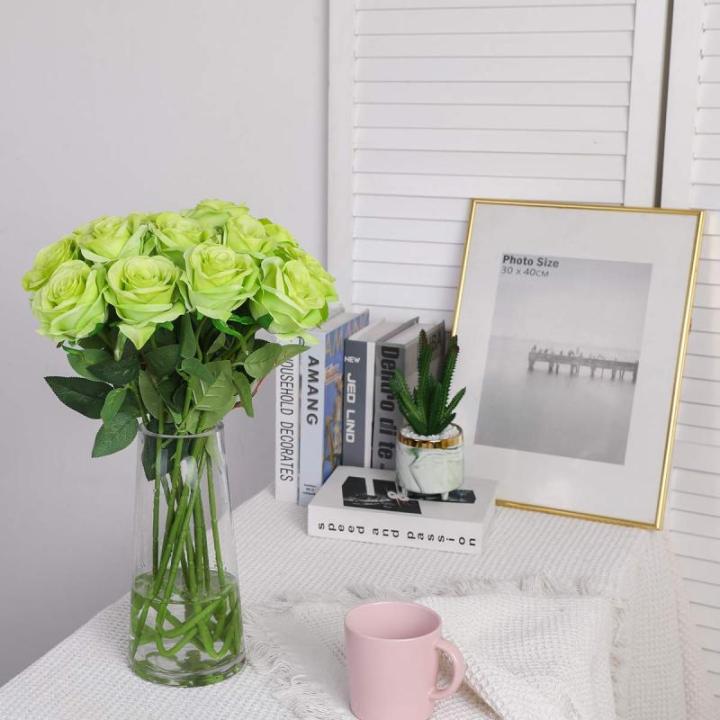 Kunstmatige Zijde Roos Bloem Enkele Stam Levensechte Nep Roos voor Bruiloft Boeket Bloemenarrangementen Huis Feest Bloemstuk Decoratie, 10 stuks (Groen)