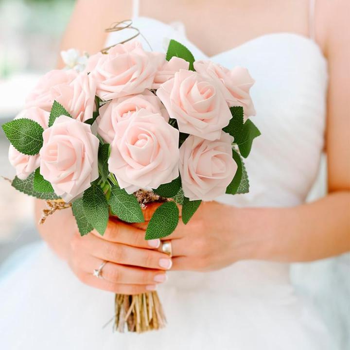 Kunstbloemen, roze rozen, 30 stuks, 8 cm, boeket, kunstdecoratie, bloemen, kunstrozen met stelen en kaart voor Valentijnsdag, tuin, verjaardag, feest, doe-het-zelf bruiloftsdecorat