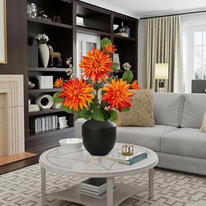 3 stuks oranje kunstmatige dahlia's, 75 cm kunstzijden bloemen met lange steel voor bloemarrangementen, faux dahlia's bloemen voor doe-het-zelf bruiloft party middenstuk huis kanto