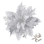 GL-Turelfies 12 STK. Glitzer Weihnachtsblumen (15cm/5,9'') mit 12 STK. Clips Künstliche Weihnachtsstern Blumen Weihnachtsbaum Blumenschmuck Weihnachtsbaum Ornamente (Silber)