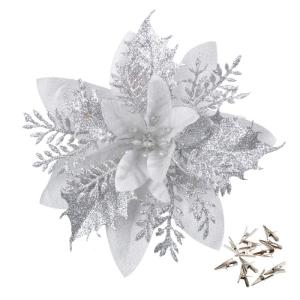 GL-Turelfies 12 STK. Glitzer Weihnachtsblumen (15cm/5,9'') mit 12 STK. Clips Künstliche Weihnachtsstern Blumen Weihnachtsbaum Blumenschmuck Weihnachtsbaum Ornamente (Silber)