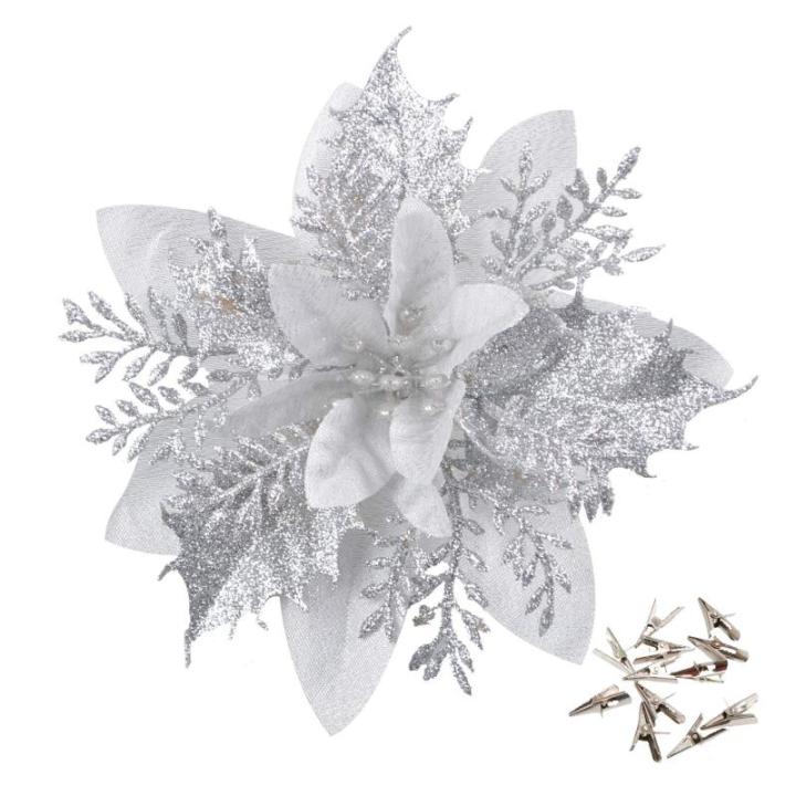 GL-Turelfies 12 STK. Glitzer Weihnachtsblumen (15cm/5,9'') mit 12 STK. Clips Künstliche Weihnachtsstern Blumen Weihnachtsbaum Blumenschmuck Weihnachtsbaum Ornamente (Silber)