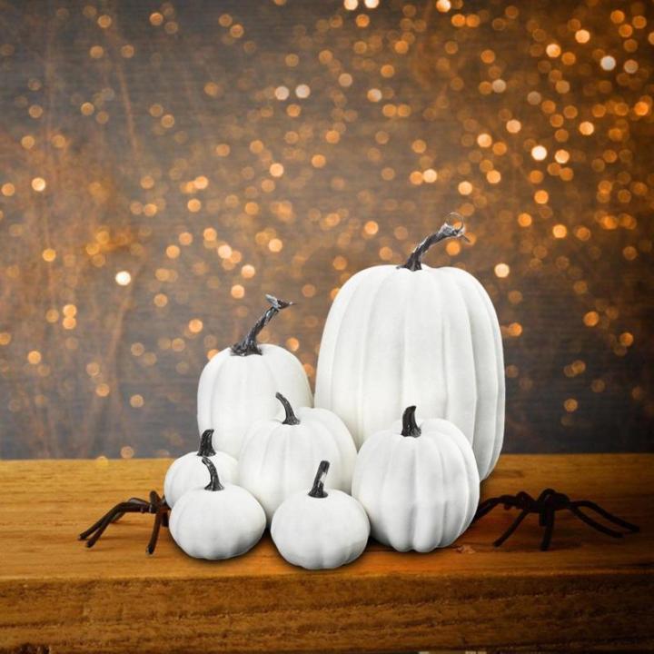 7 stuks kunstpompoenen, pompoen, decoratie, sierpompoen, kunstplantset voor Halloween, decoratie, herfstdecoratieset, 4 maten, wit