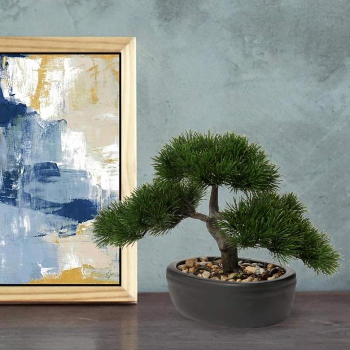 Kunstbonsai Natuurgetrouwe kunstplant, kunstboom, bonsai, ceder, grenen, podocarpus, plastic plant, kunstplant met keramische pot in zwart, voor badkamerdecoratie, desktop, kantoor