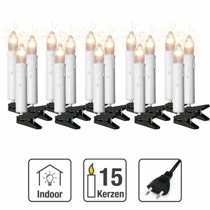 Lichtsnoer kerstboom, 15 kerstkaarsen 9,8m verlichte mini lichtketting binnen met stekker, kaarsenlichtketting stroomkabel groen kerstboomkaarsen wit, 150933