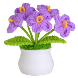 Kunstbloem, gehaakte bloemen, potplant, mini gebreide bloempot, kleine handgemaakte gehaakte bloem voor thuiskantoor tafeldecoratie, cadeau voor haar Valentijnsdag (1, paarse bloem