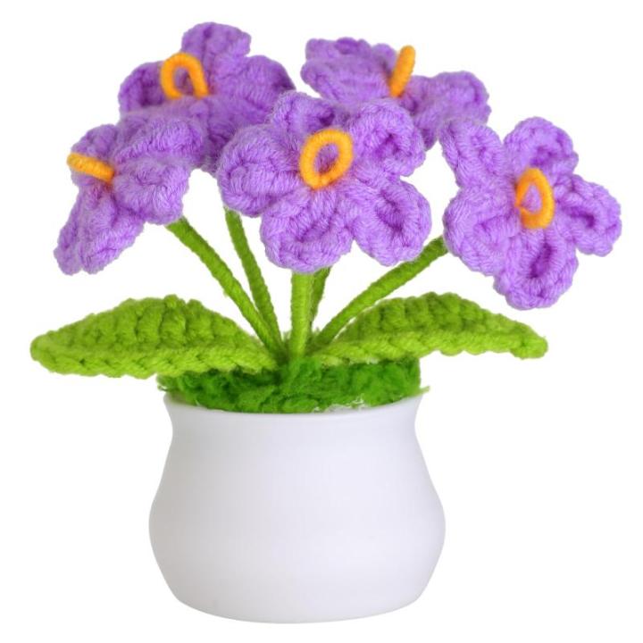 Kunstbloem, gehaakte bloemen, potplant, mini gebreide bloempot, kleine handgemaakte gehaakte bloem voor thuiskantoor tafeldecoratie, cadeau voor haar Valentijnsdag (1, paarse bloem