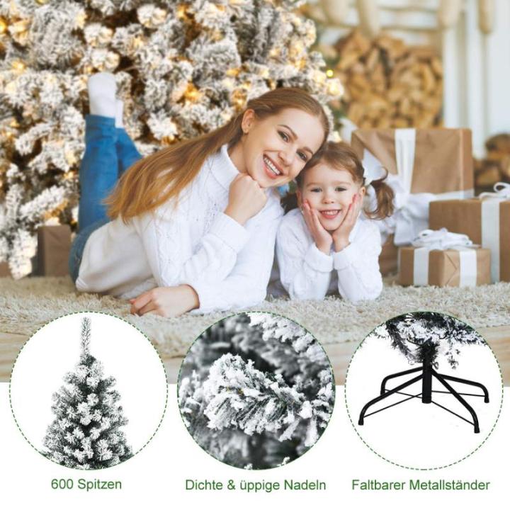Kunstkerstboom met sneeuw en warmwitte ledverlichting, dennenboom met metalen standaard, pvc-naalden, kunstboom, klapsysteem, 180 cm