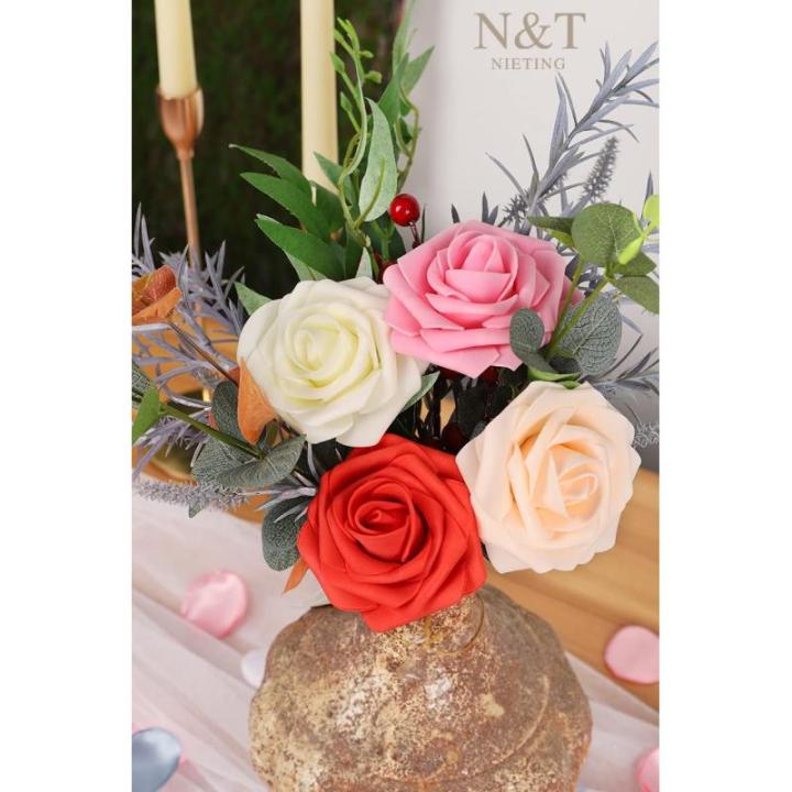 Kunstbloemen, rozen, 25 stuks, kunstrozen met steel, voor doe-het-zelf bruiloft, boeketten, bruid, woondecoratie, gemengd rood